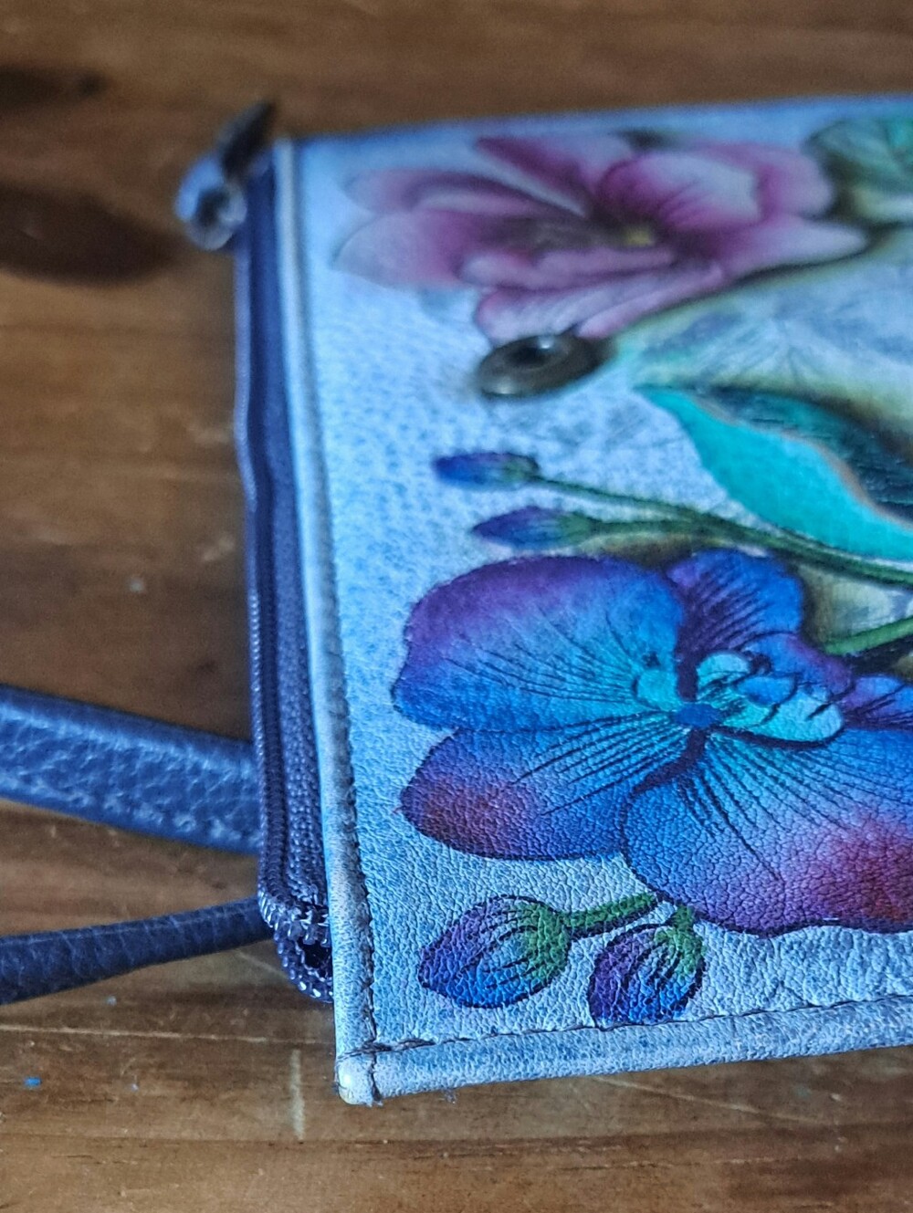 Anuschka Hand Painted Leather Crossbody Smartphone Wallet Orange Poppy Floral - Picture 8 of 13